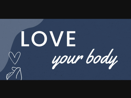 Love Your Body on a blue background with a hand and a heart